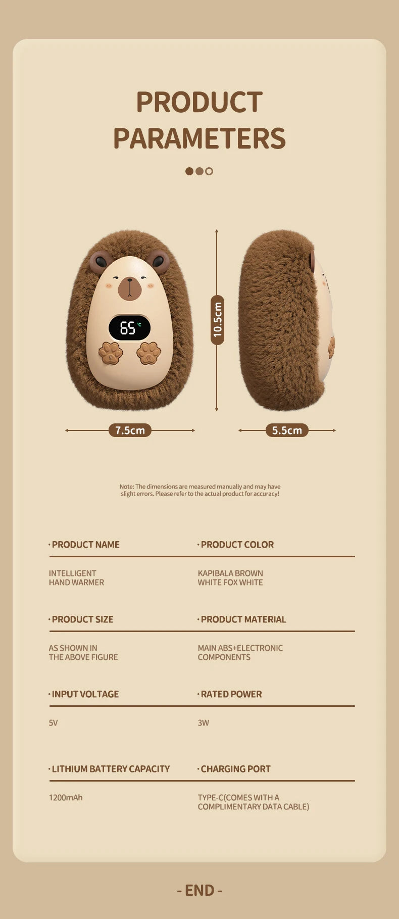 Chaufferette de Poche en Peluche — trois températures, rechargeable