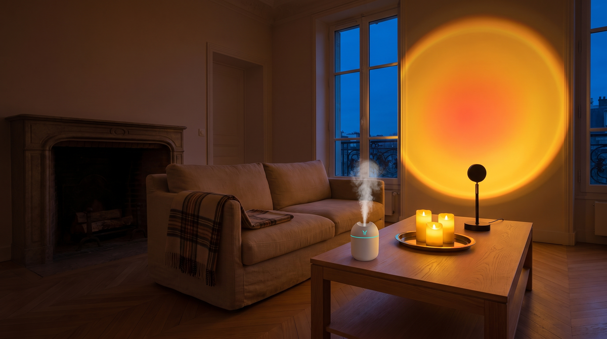 Salon à la tombée du soir : lampe coucher de soleil, bougies LED et diffuseur allumés