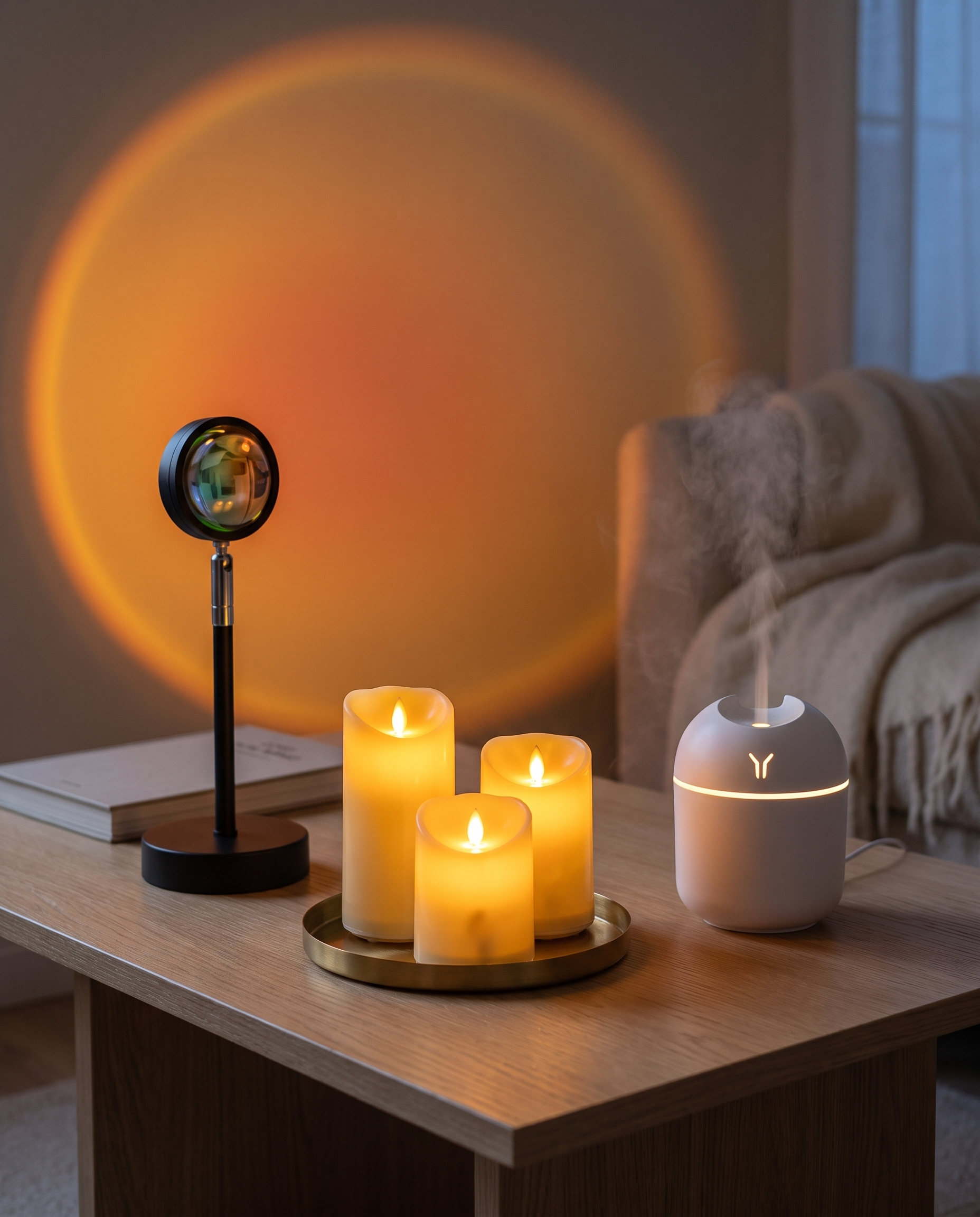Le Coffret Ambiance en situation : lampe coucher de soleil allumée, trio de bougies LED et diffuseur sur une table basse, en soirée