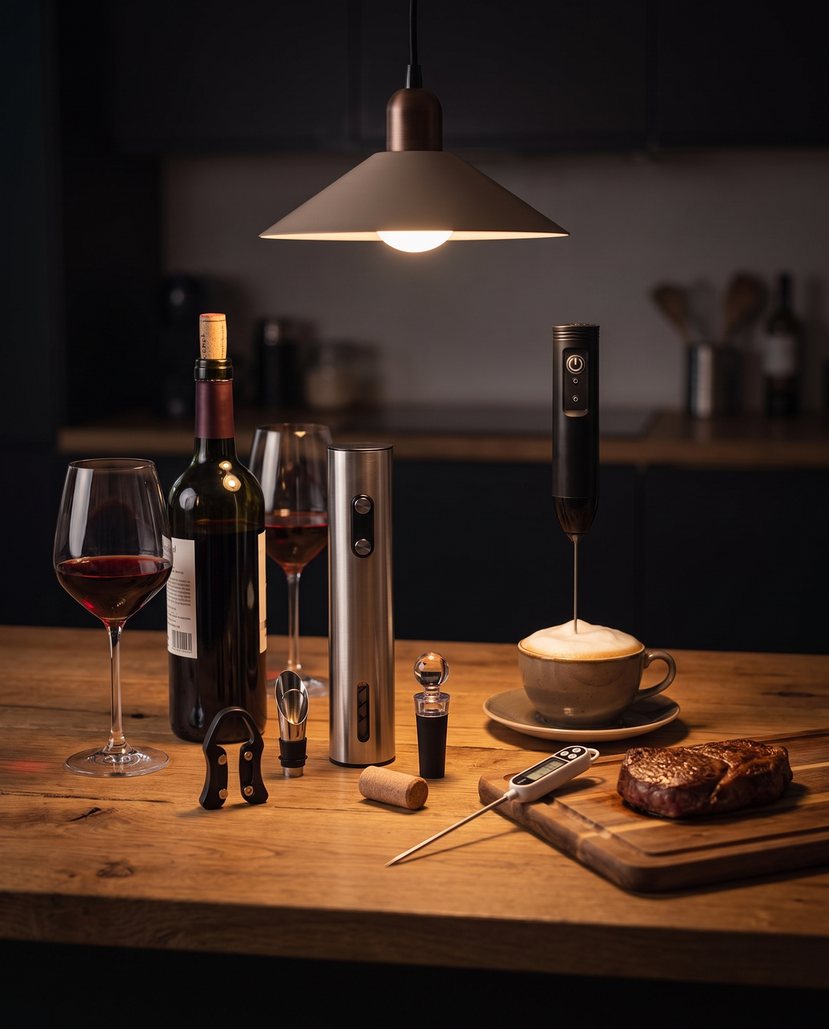 Le Coffret Hôte en situation : coffret sommelier, mousseur à lait et thermomètre sur un plan de travail en chêne