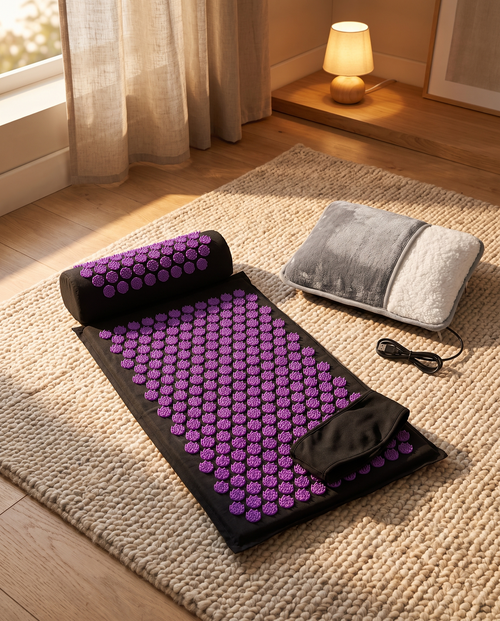 Le Coffret Détente en situation : tapis d'acupression déroulé, chausson chauffant et bandeau audio dans une chambre en fin de journée