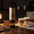 Machine à espresso portable, verres double paroi et mousseur à lait sur un plan de travail en noyer, le soir
