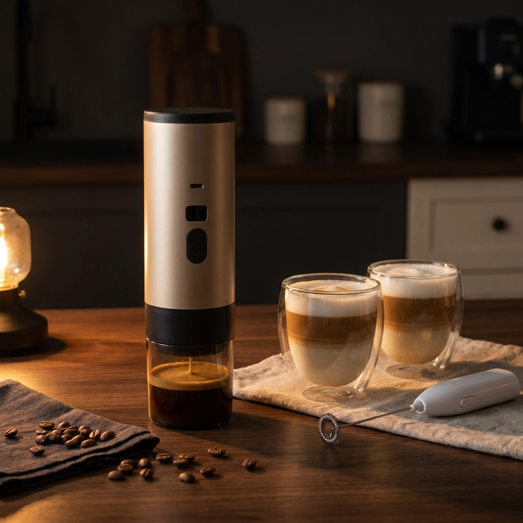 Machine à espresso portable, verres double paroi et mousseur à lait sur un plan de travail en noyer, le soir