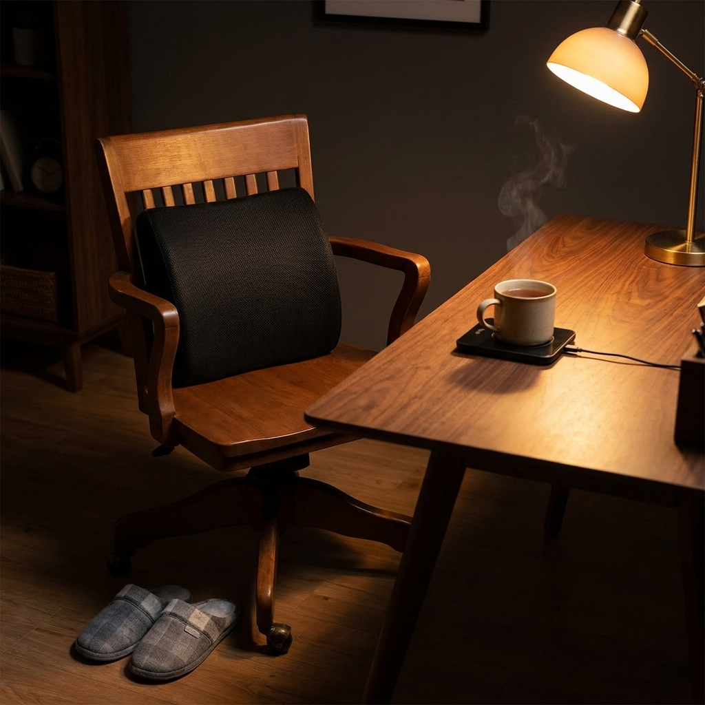 Coussin lombaire, chauffe-tasse et chaussons chauffants dans un bureau à la maison, le soir