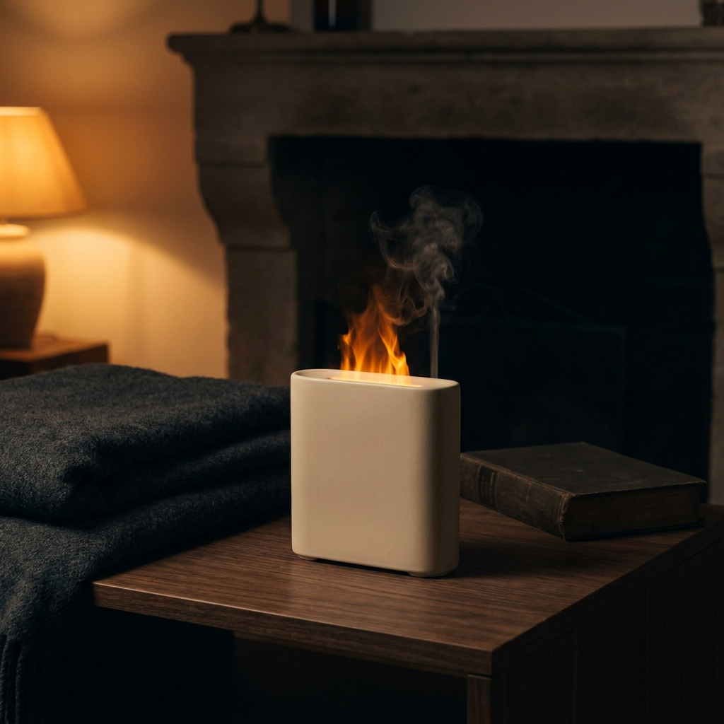 Diffuseur effet flamme allumé sur une table basse en noyer, le soir