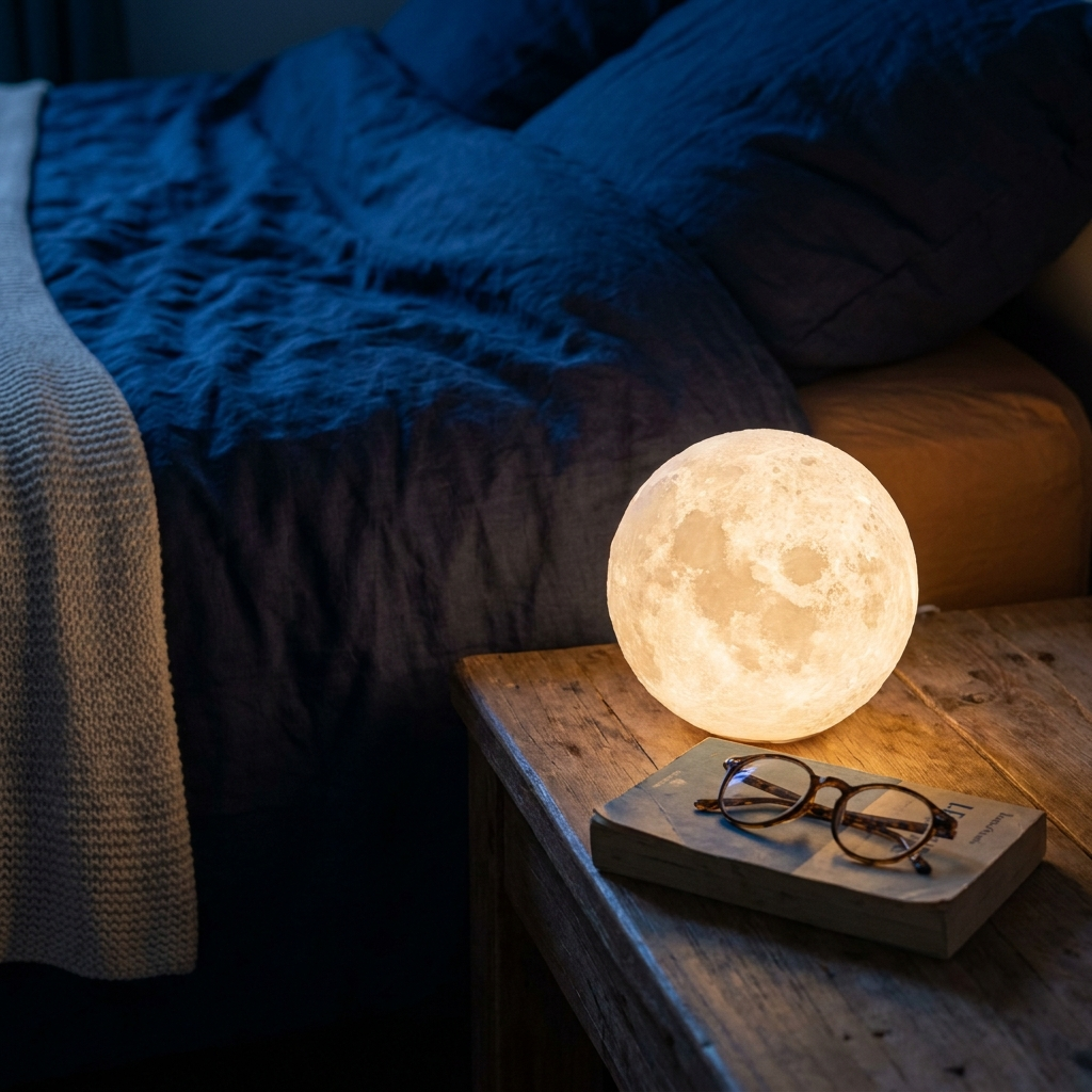 Veilleuse lune allumée sur une table de chevet, dans une chambre sombre