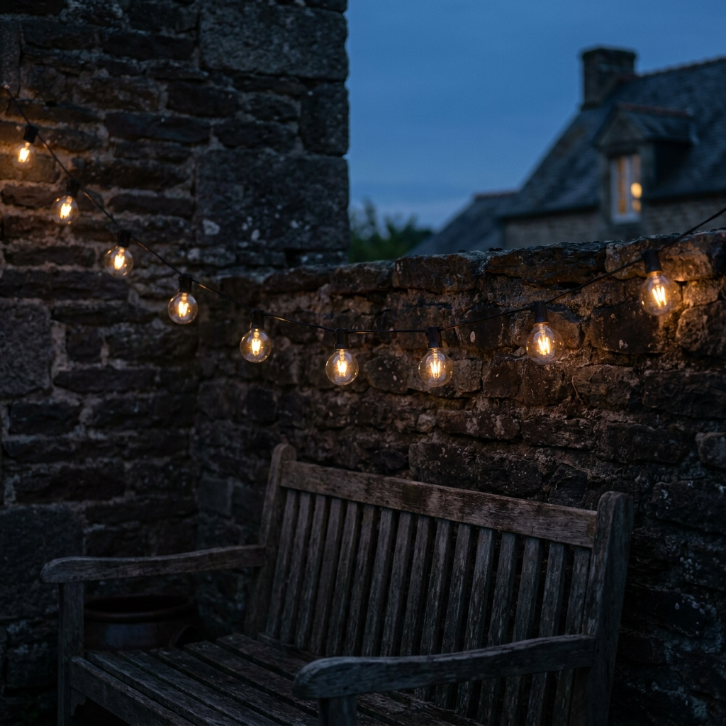 Guirlande guinguette à ampoules filament au-dessus d'une terrasse, à la tombée du soir