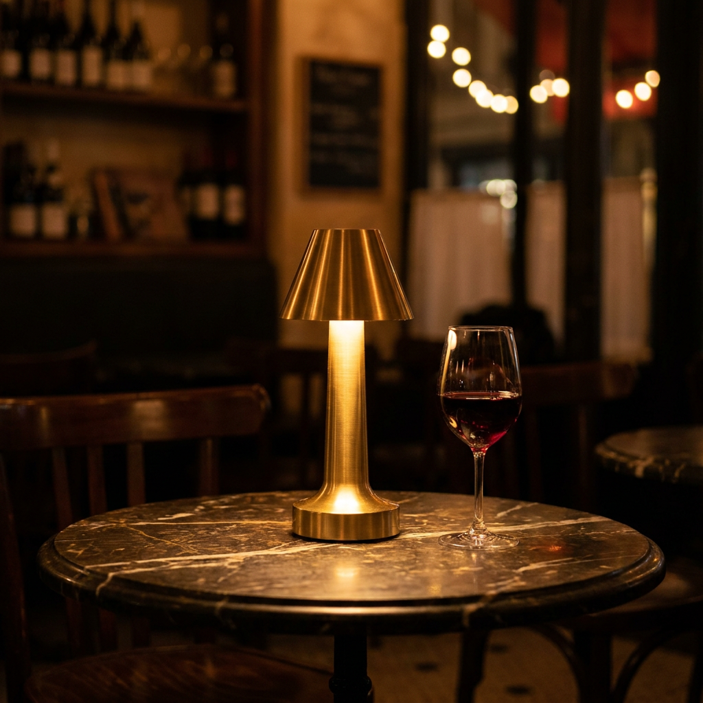 Lampe de table sans fil en laiton sur une table de bistrot, le soir