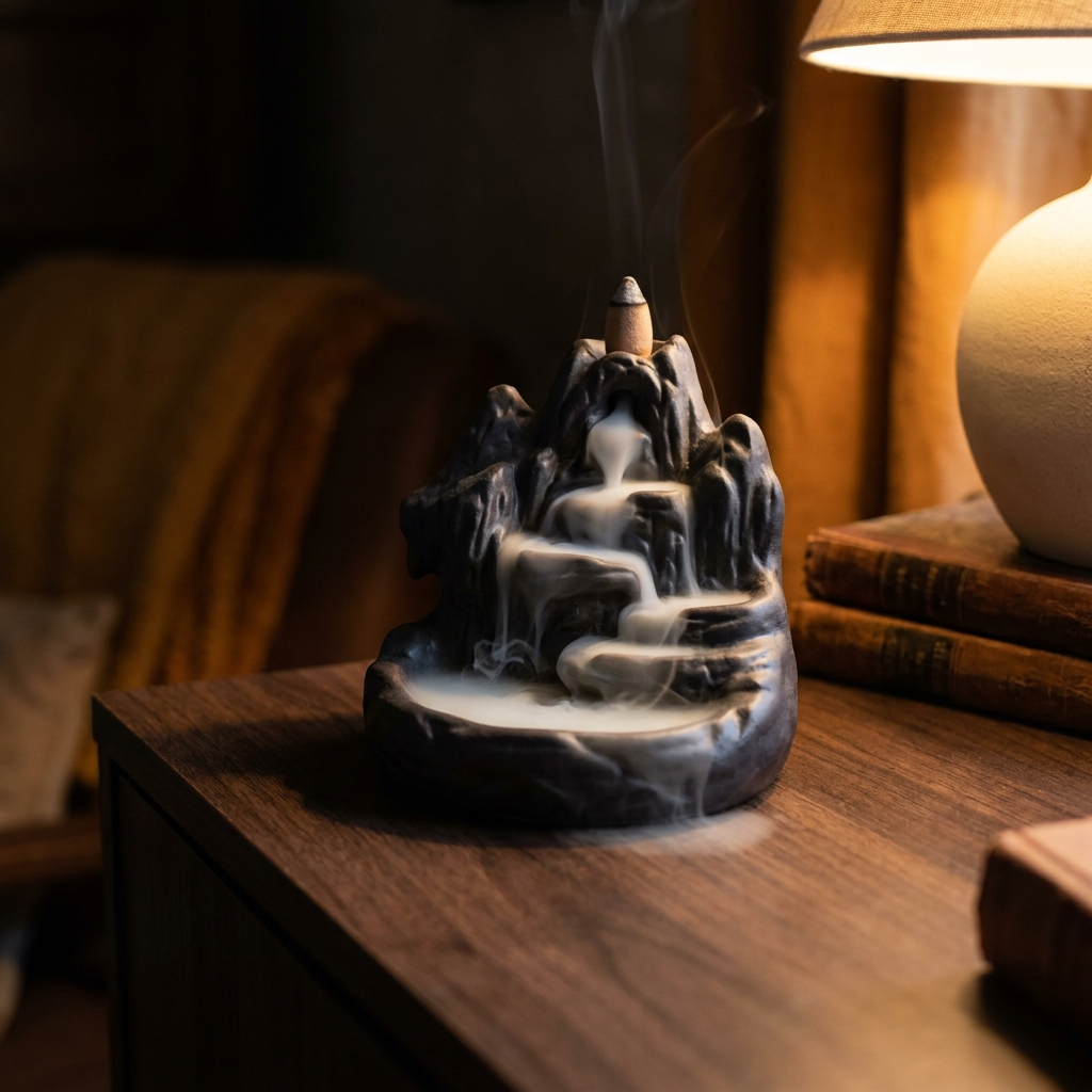 Brûle-encens à cascade, la fumée qui coule vers le bas, sur une console en bois