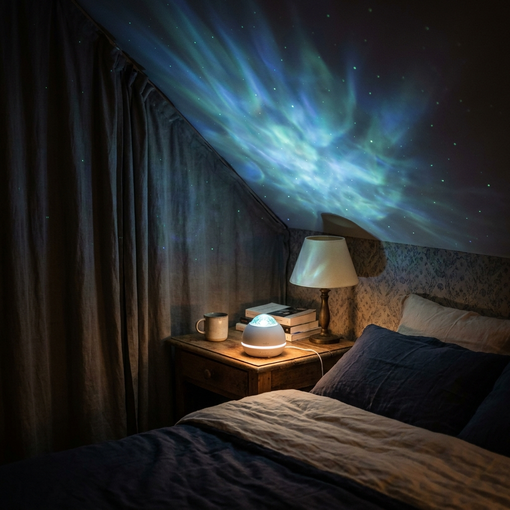 Projecteur de ciel étoilé diffusant nébuleuses et étoiles sur le plafond d'une chambre