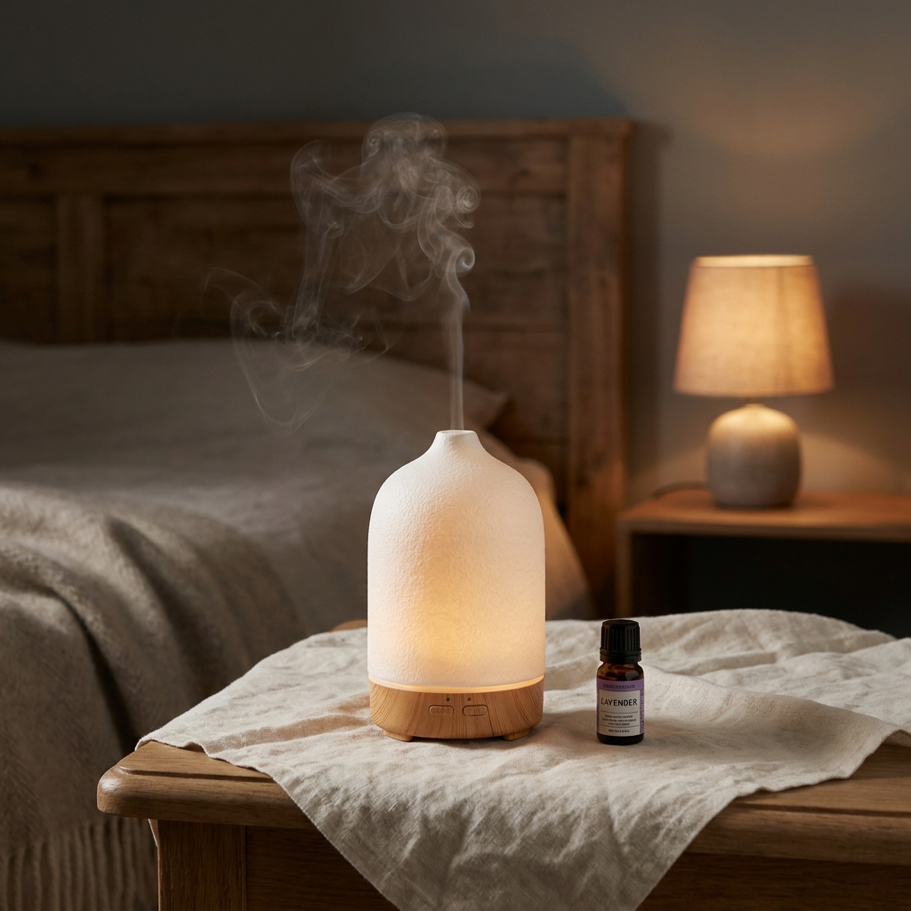 Diffuseur d'huiles essentielles diffusant une brume froide sur une table de chevet