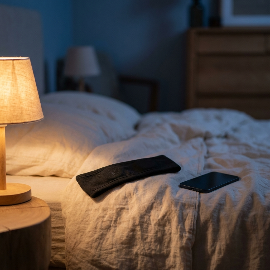 Bandeau audio bluetooth posé sur des draps en lin, lumière basse de chevet