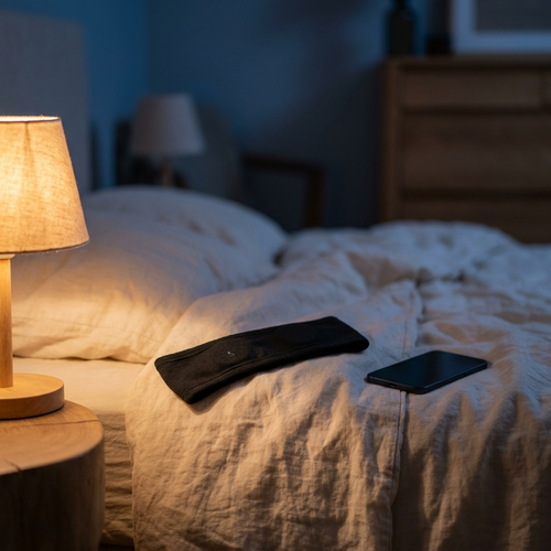 Bandeau audio bluetooth posé sur des draps en lin, lumière basse de chevet