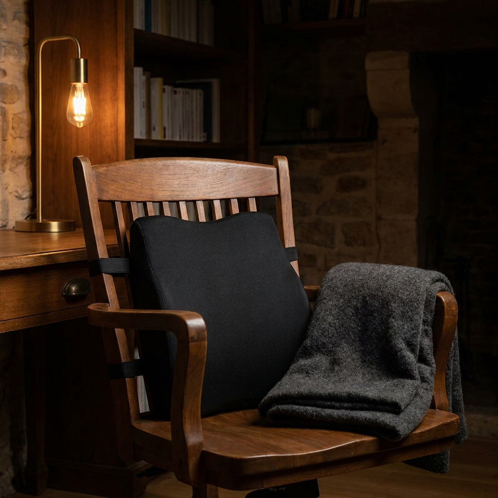 Coussin lombaire à mémoire de forme sanglé sur une chaise de bureau