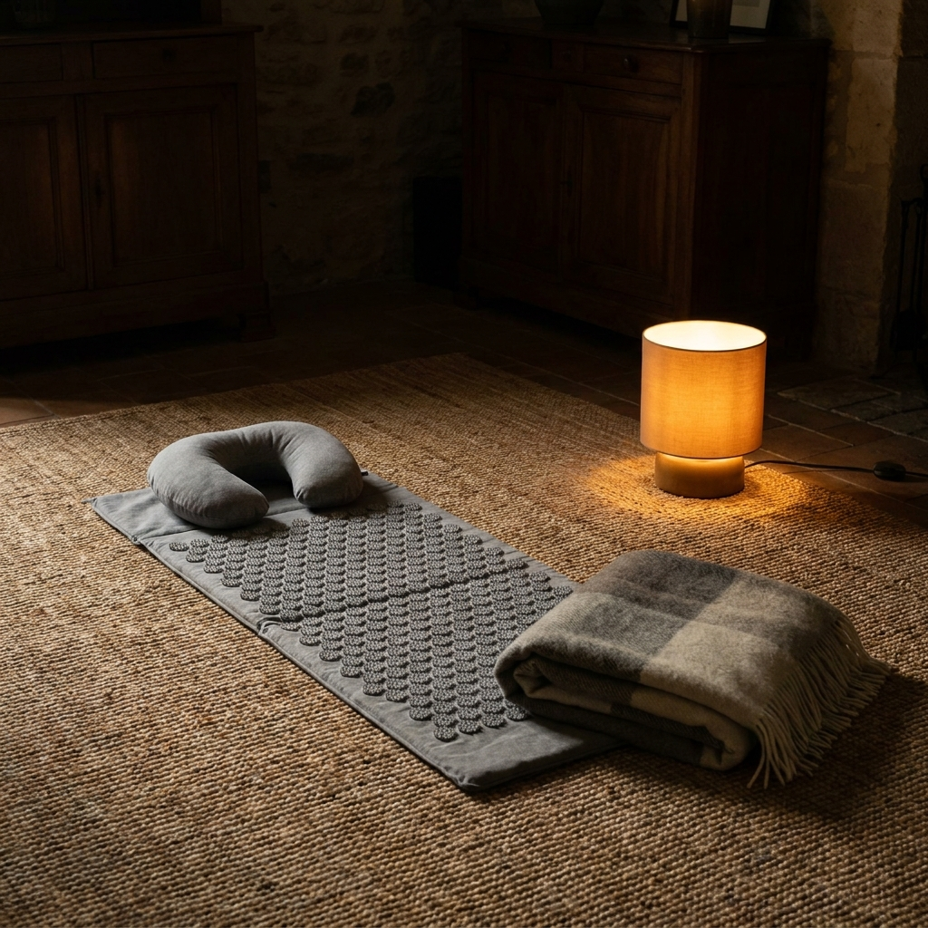 Tapis d'acupression et son coussin déroulés sur un tapis en jute