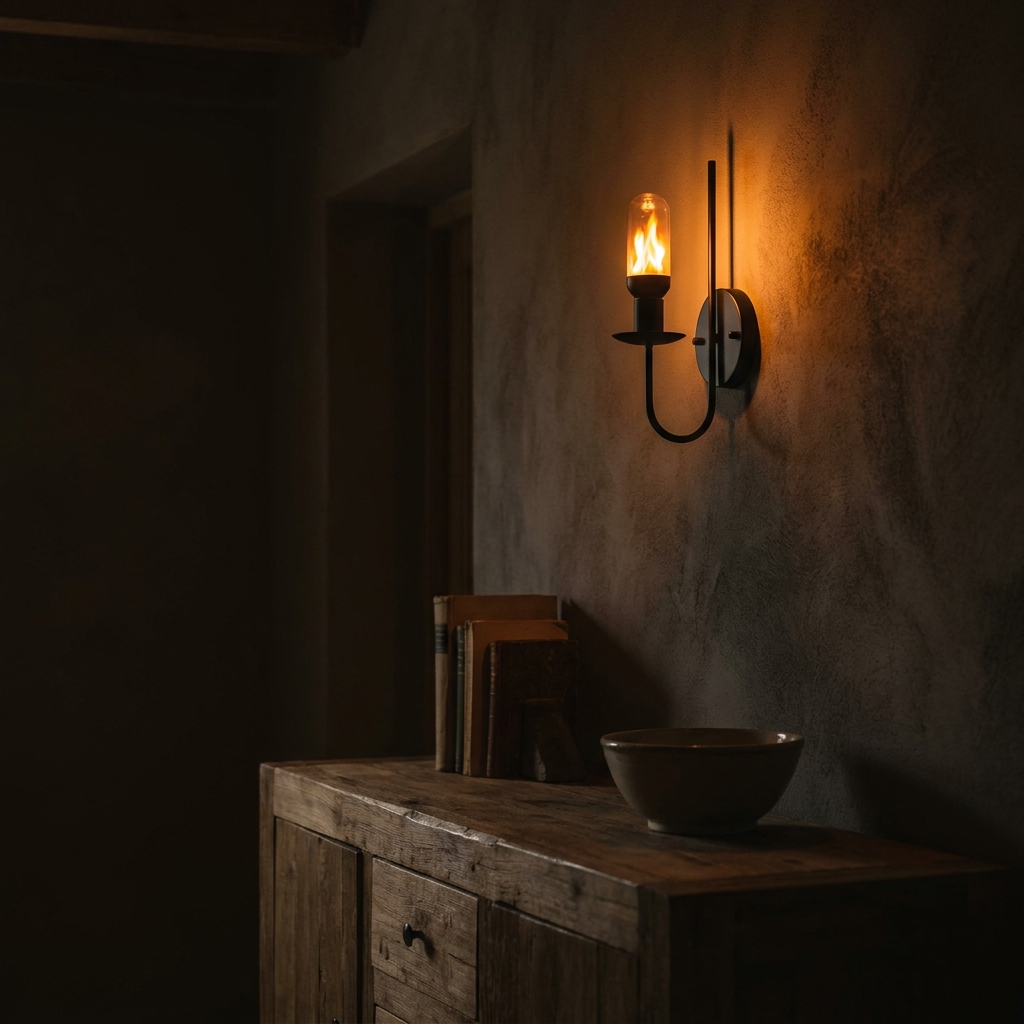 Ampoule à flamme vacillante dans une applique noire sur un mur en plâtre, le soir