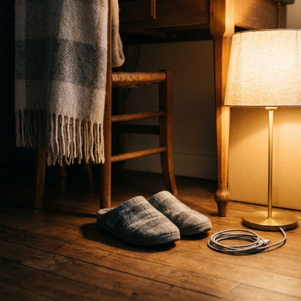 Chaussons chauffants en flanelle grise sous un bureau, le soir