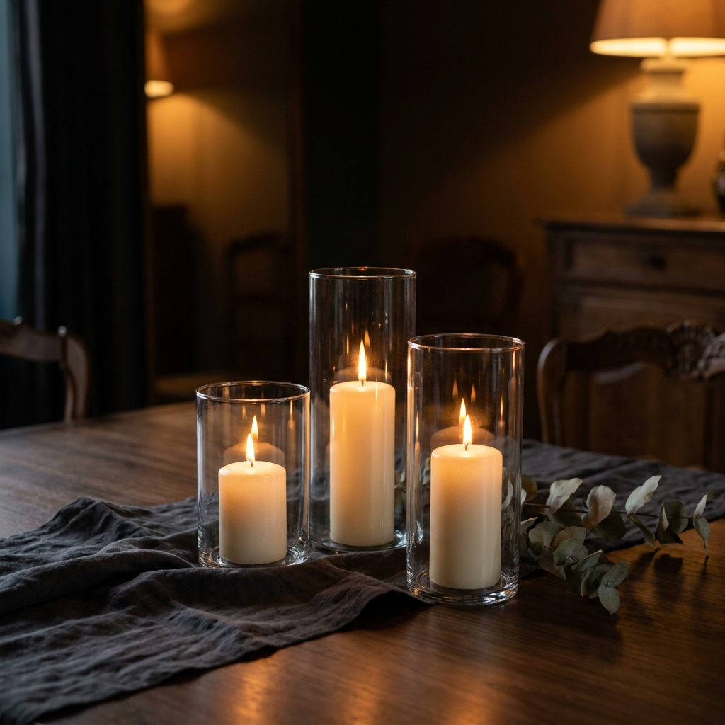 Trois photophores en verre avec bougies pilier allumées sur une table en noyer