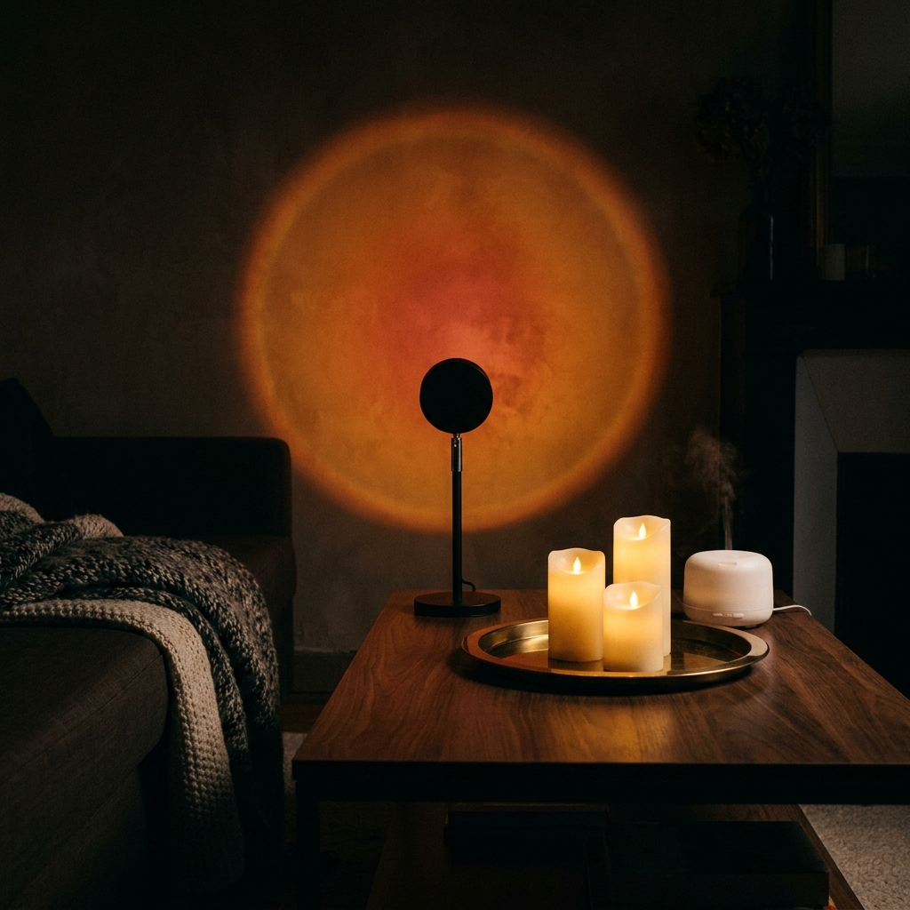 Lampe coucher de soleil, bougies LED et diffuseur allumés sur une table basse, le soir