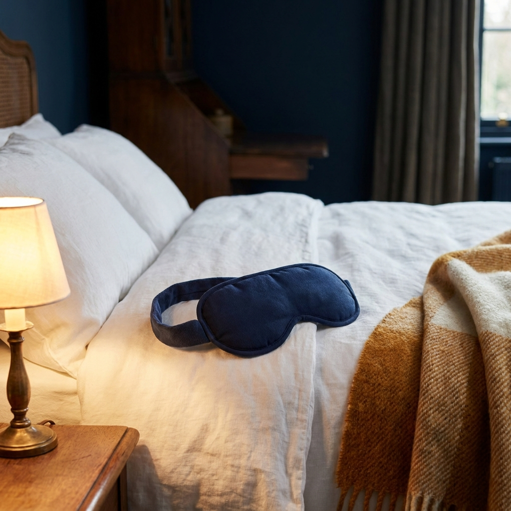 Masque chauffant pour les yeux posé sur une couette en lin, lumière basse de chevet