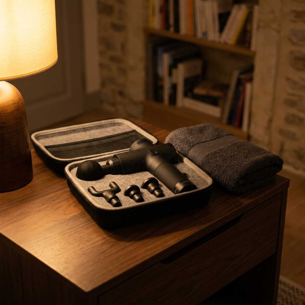 Pistolet de massage et ses embouts dans leur coffret, sur une table en noyer