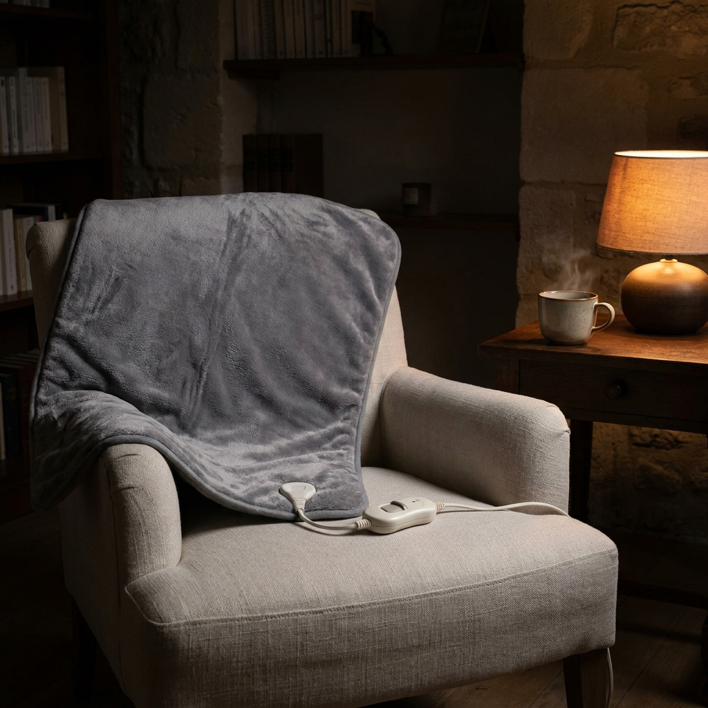 Coussin chauffant posé sur un fauteuil en lin, une tasse de thé sur la table à côté