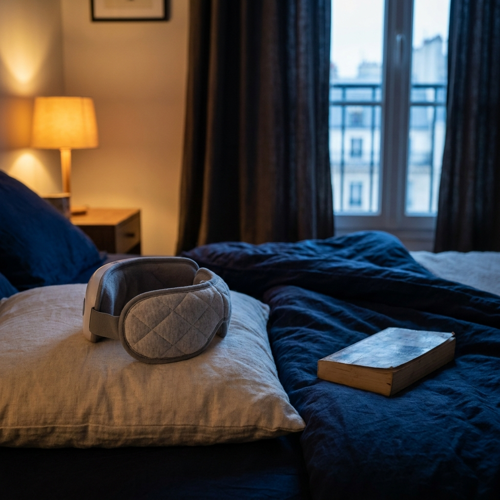 Masseur oculaire chauffant posé sur un oreiller en lin, lumière basse de chevet