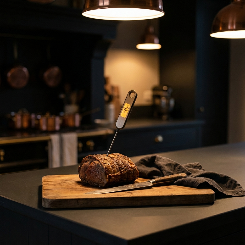 Thermomètre de cuisson planté dans une pièce de viande sur une planche en bois