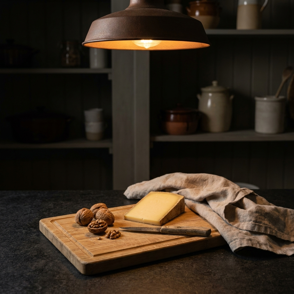 Planche à découper en bambou avec fromage et noix sur un plan de travail sombre