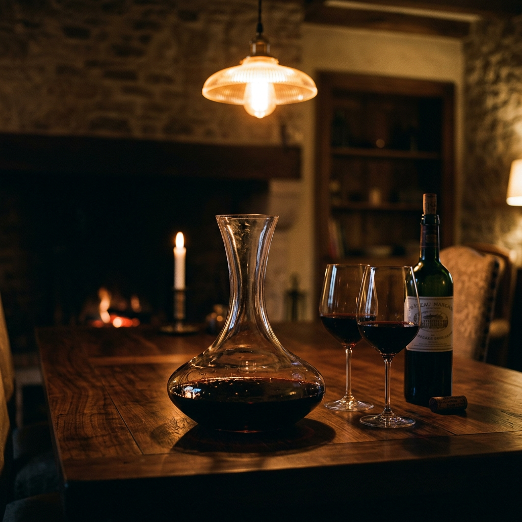 Carafe à décanter en cristal remplie de vin rouge sur une table en noyer