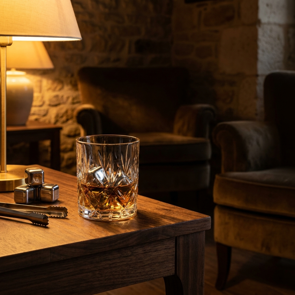 Pierres à whisky en inox dans un verre en cristal sur une table en noyer