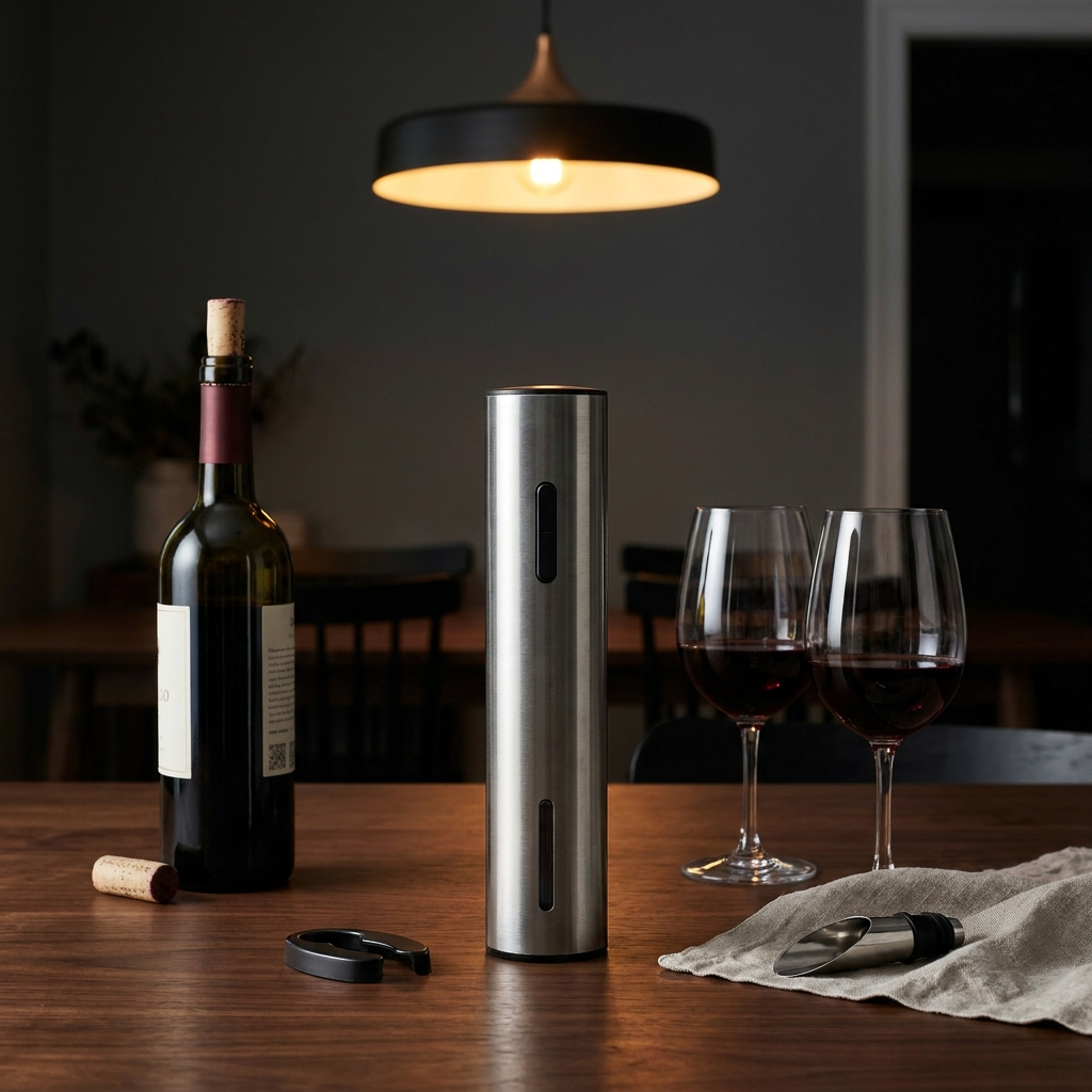 Tire-bouchon électrique et accessoires de sommelier sur une table en noyer
