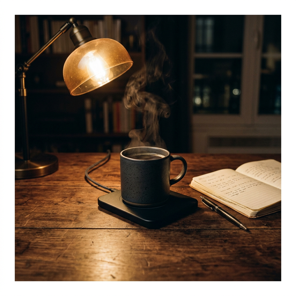 Chauffe-tasse USB sur un bureau en noyer avec une tasse de café fumante