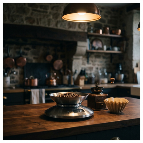 Balance de précision avec des grains de café sur un plan de travail en noyer