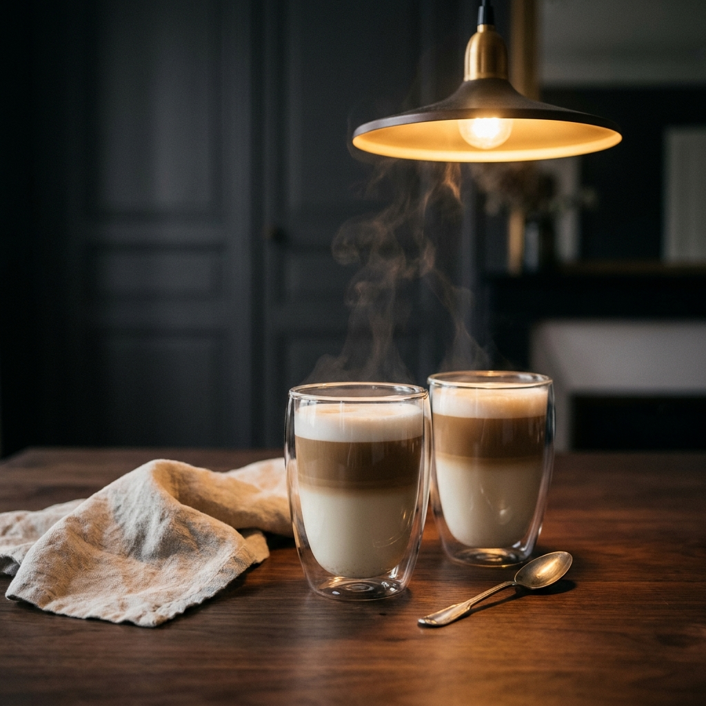 Deux verres à café double paroi avec un latte étagé sur une table en noyer